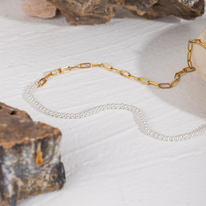 Collier Chaîne Pour Femme, Série Simple, Perles Classiques, En Acier Inoxydable Plaqué Or , Perles Artificielles h5 Image2