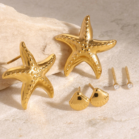 1 paire de boucles d'oreilles pour femme en acier inoxydable plaqué or  avec strass, série romantique, motif étoile de mer