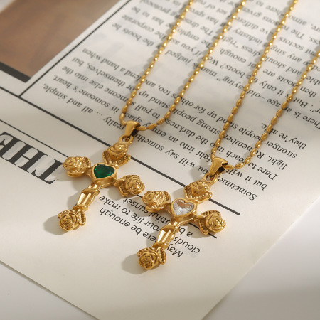 Collier pendentif femme en acier inoxydable doré, étanche, avec croix de Ross, collection luxueuse (1 pièce) 2