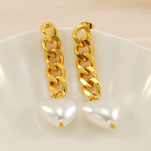 1 Paire De Boucles D'Oreilles Pendantes Pour Femme, Série Simple, En Acier Titane Plaqué Or , Avec Perles h5 Image3