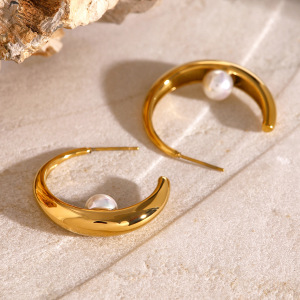 1 Paire De Boucles D'Oreilles Créoles Élégantes Géométriques En Acier Inoxydable Plaqué Or  Avec Perles Artificielles Pour Femmes h5 Image2