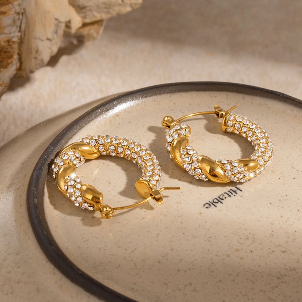 1 Paire De Boucles D'Oreilles Créoles Torsadées Classiques En Acier Inoxydable Plaqué Or Avec Strass Pour Femme h5Image3