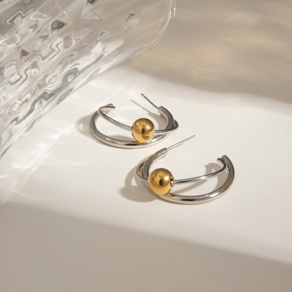 1 Paire De Boucles D'Oreilles Puces Annulaires Exquises En Acier Inoxydable Étanche, Couleur Or Et Argent, De La Collection Designable Series. h5Image3