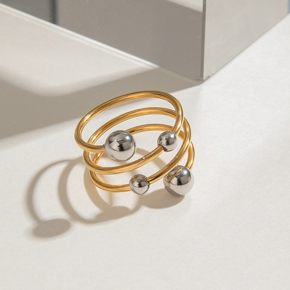 Bague Simple Pour Femme, Style Asymétrique, En Acier Inoxydable Doré, Étanche, Avec Une Ligne Sphérique Et Une Finition Sphérique. Image3