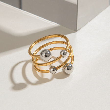 Bague simple pour femme, style asymétrique, en acier inoxydable doré, étanche, avec une ligne sphérique et une finition sphérique. 2