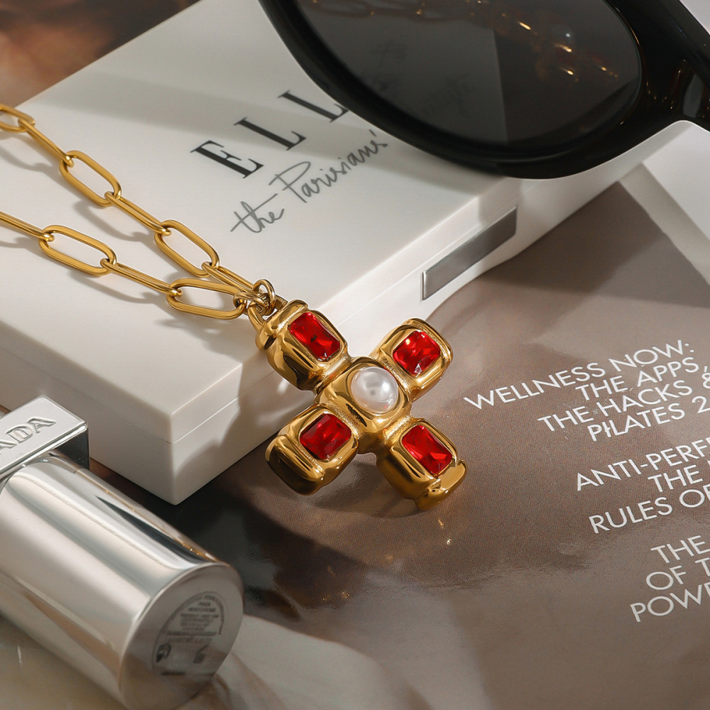 Collier Pendentif Femme En Acier Inoxydable Doré, Forme Croix, Étanche, 1 Pièce, Collection Luxueuse Image4