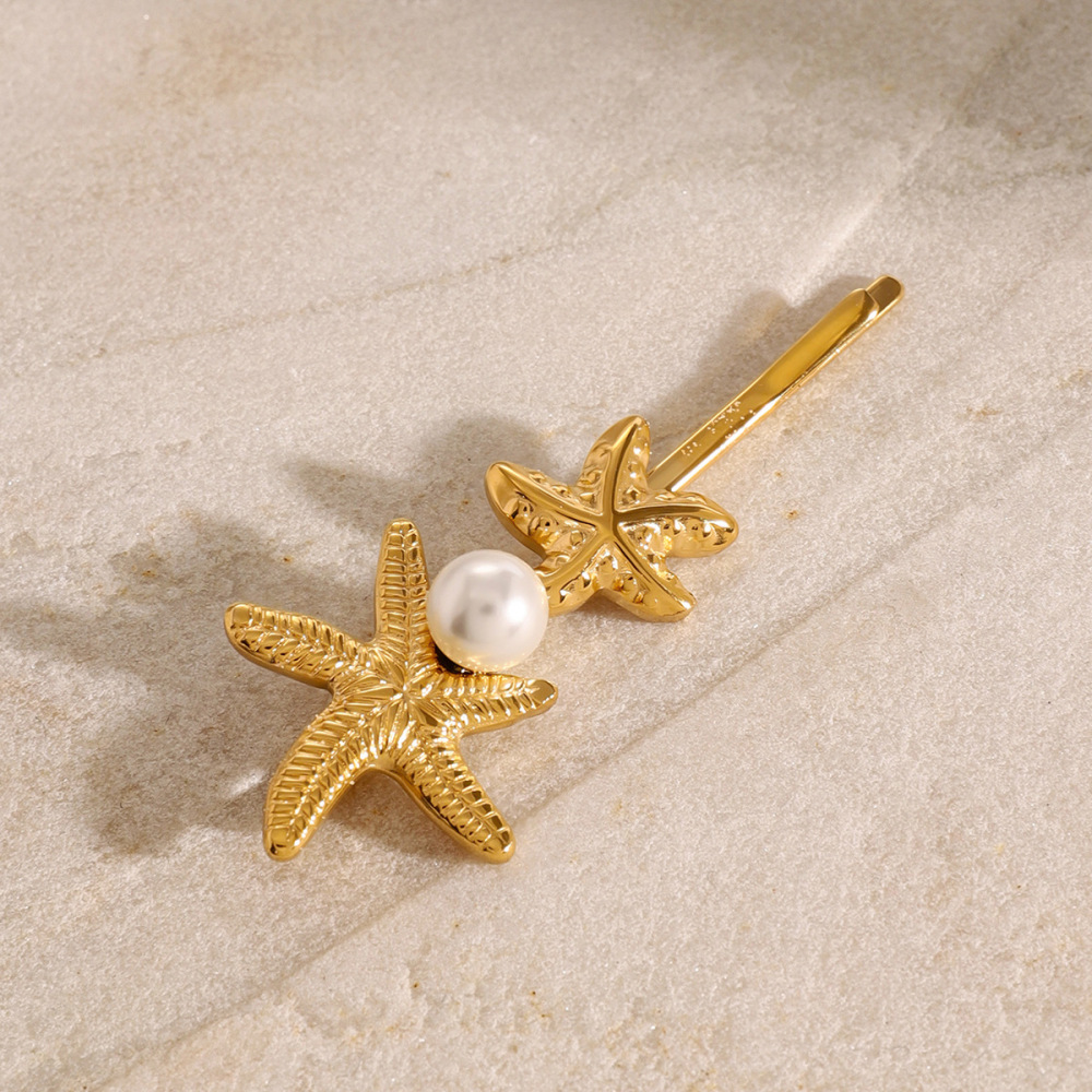 1 Paire De Pinces À Cheveux Pour Femmes, Série Simple, Style Tortue, En Acier Inoxydable Plaqué Or , Avec Perles Artificielles h5Image3