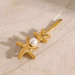 1 Paire De Pinces À Cheveux Pour Femmes, Série Simple, Style Tortue, En Acier Inoxydable Plaqué Or , Avec Perles Artificielles h5 Image3