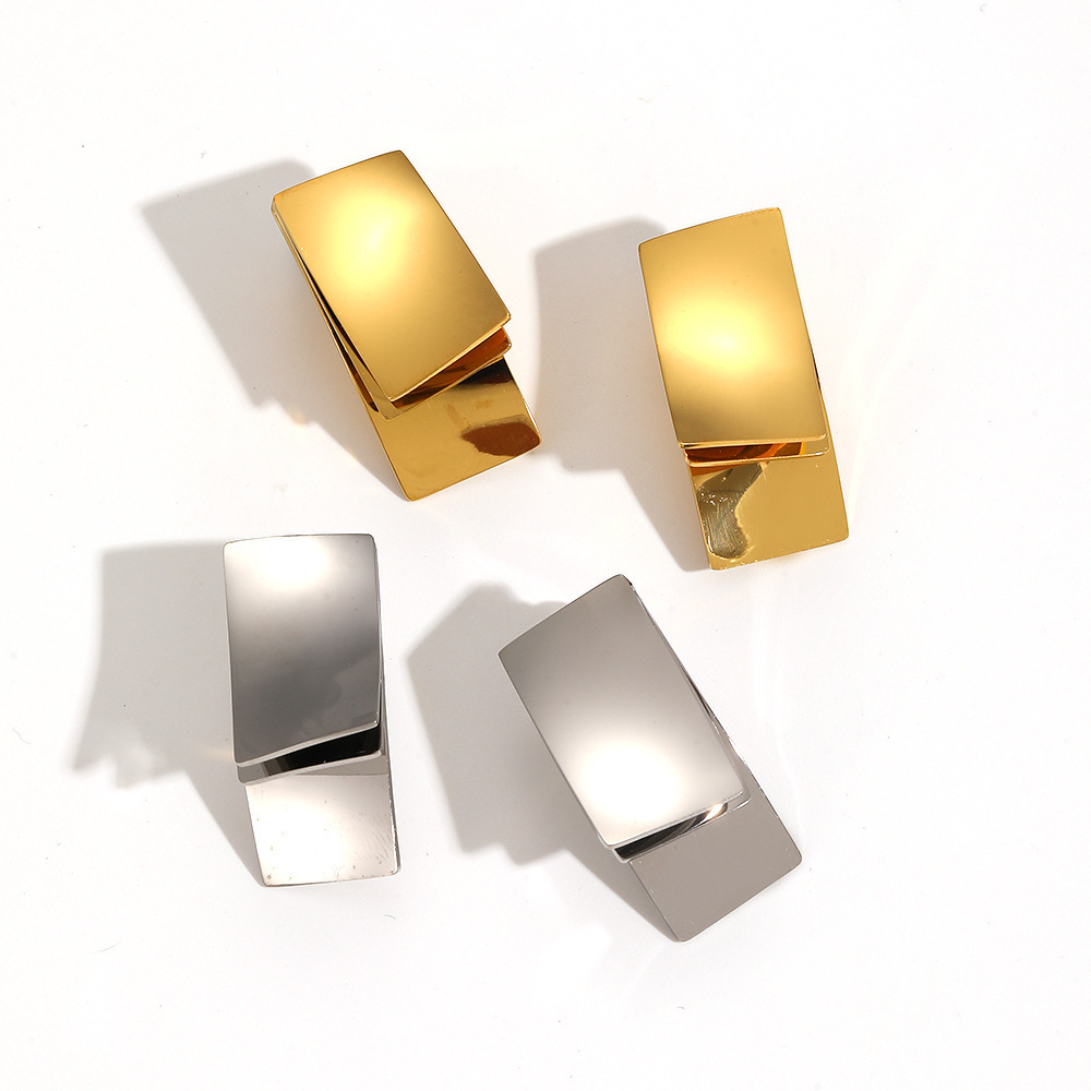 1 Paire De Boucles D'Oreilles À Tige Pour Femme, Style Quadrilatère, En Acier Inoxydable Plaqué Or , Série Simple h5Image4
