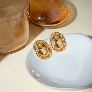Boucles D'Oreilles Rondes En Acier Inoxydable Or  Avec Bord En Corde De Chanvre Lisse Au Milieu, Bijoux Antiallergiques  h5 Image2