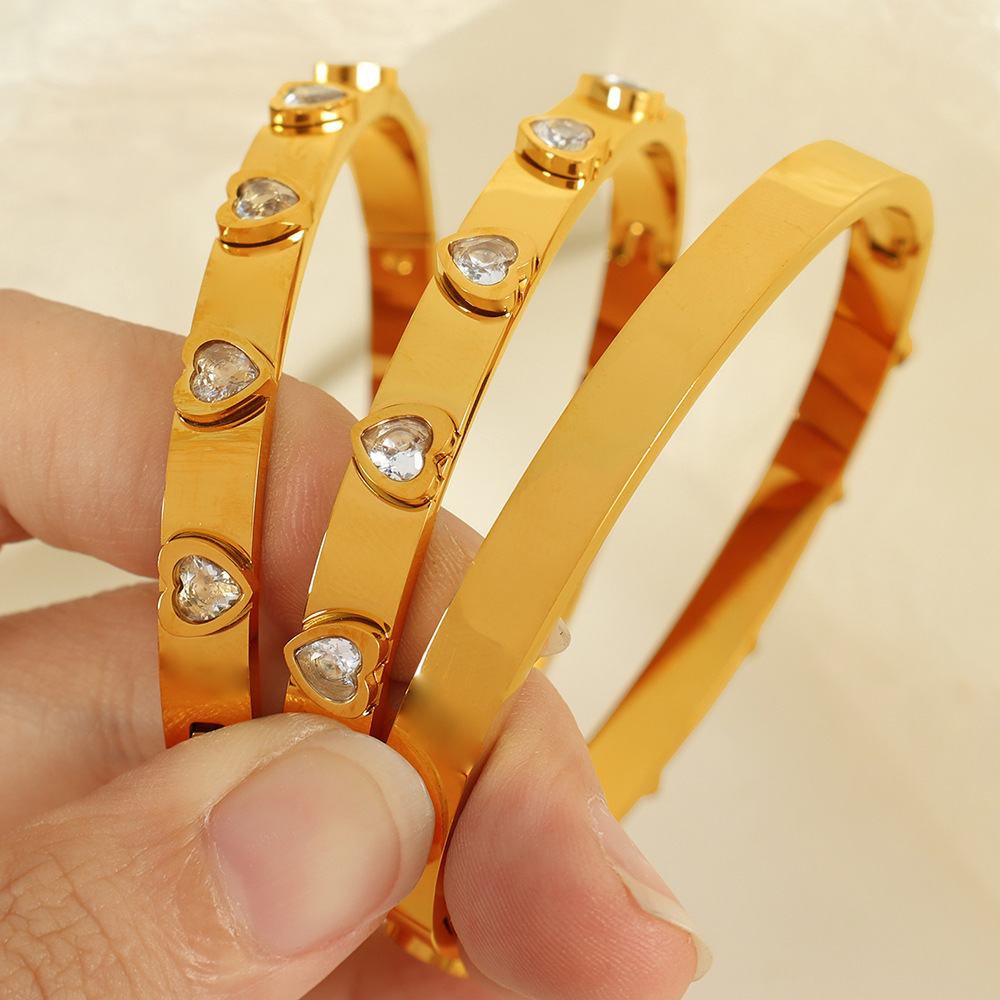 Bracelet Simple En Acier Inoxydable Plaqué Or  Avec Zircons Pour Femme, 1 Pièce Image4