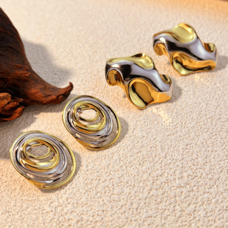 1 paire de boucles d'oreilles à tige géométriques rétro en acier inoxydable couleur or pour femme, série Simple