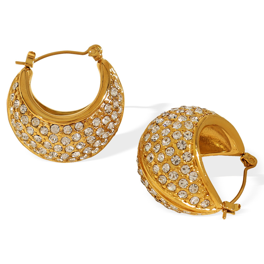 1 Paire De Boucles D'Oreilles Créoles Classiques Géométriques En Acier Inoxydable Plaqué Or  Avec Strass Pour Femme, Série Luxueuse Image6