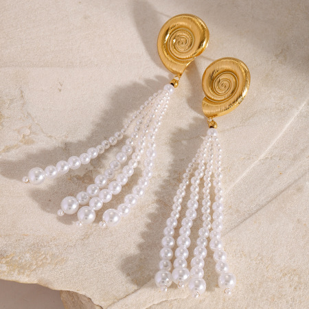Boucles d'oreilles pour femme, collection romantique, en coquillage, acier inoxydable plaqué or, perles artificielles.