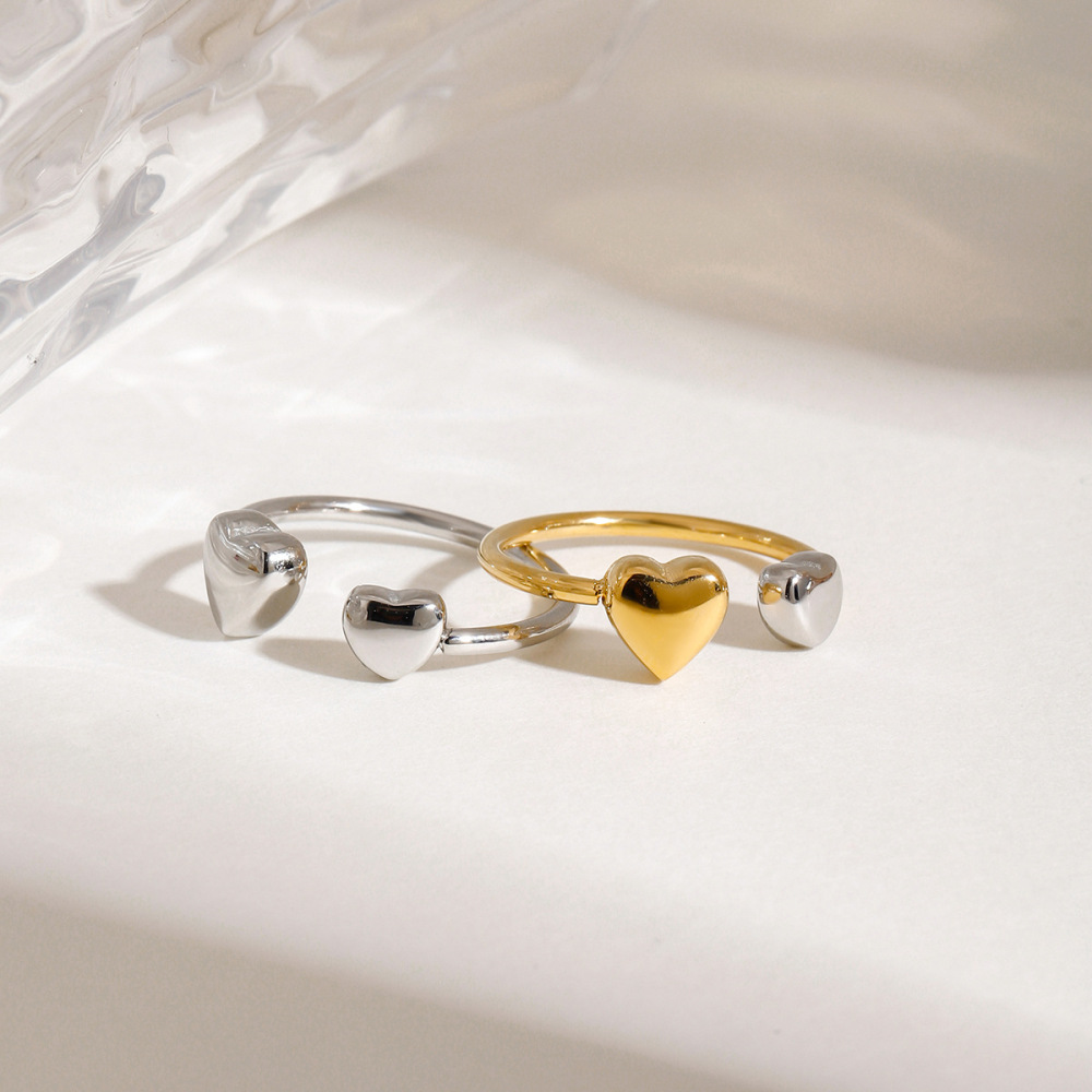 Bagues Ajustables Pour Femme, Style Minimaliste Romantique, En Acier Inoxydable Doré, Imperméables, En Forme De Cœur, Collection Romantique. Image3