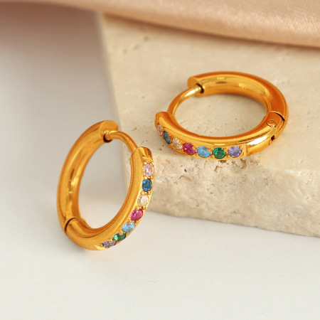 1 paire de boucles d'oreilles créoles géométriques classiques en acier inoxydable plaqué or  et zircon pour femme 2