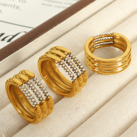 1 paire de bagues simples géométriques en acier inoxydable plaqué or  avec strass pour femme