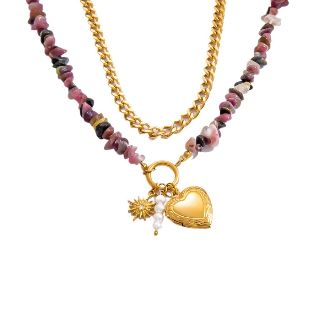 Collier Avec Pendentif En Forme De Cœur Naturel En Acier Inoxydable Plaqué Or  Pour Femme, Série Romantique, 1 Pièce Image6