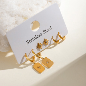 1 Paire De Boucles D'Oreilles Rétro À Huit Branches En Acier Inoxydable Plaqué Or Avec Strass Pour Femme h5 Image2