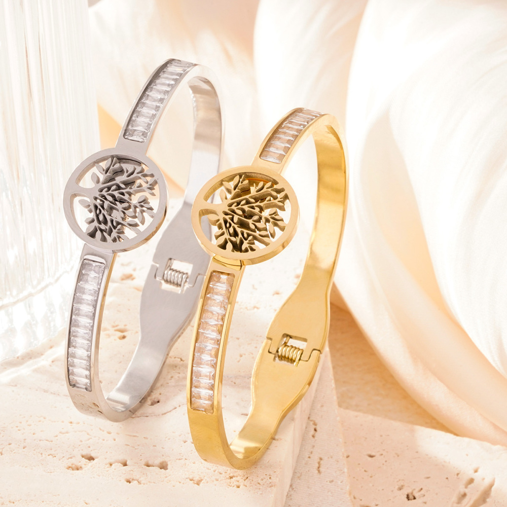 Bracelet Jonc Pour Femme, 1 Pièce, Collection Moderne, Motif Arbre Naturel, En Acier Inoxydable, Couleur Or, Étanche Image5