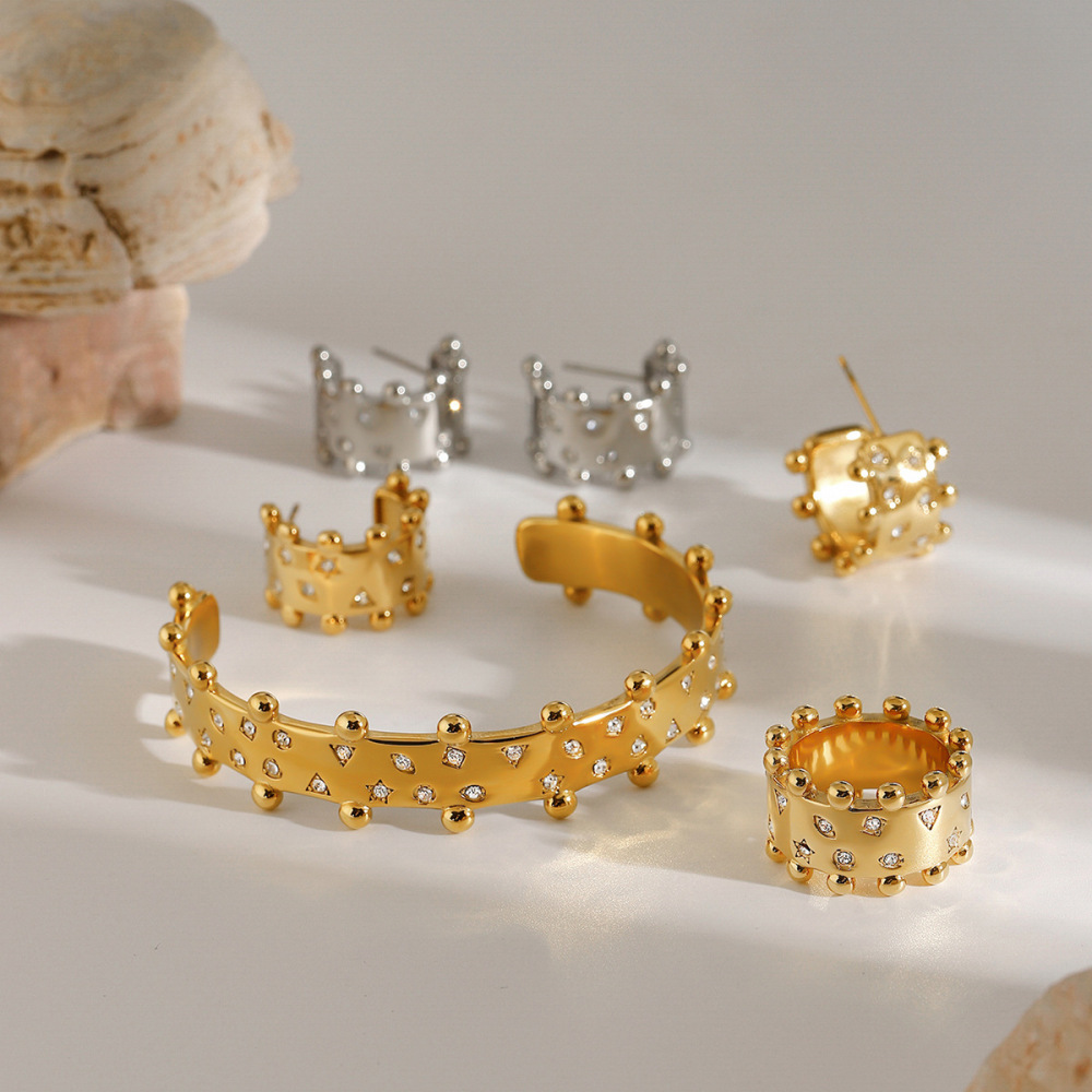 Bracelet Jonc Femme Rond En Acier Inoxydable Doré, Style Rétro Pentagramme, 1 Pièce, Collection Exquisite Image4