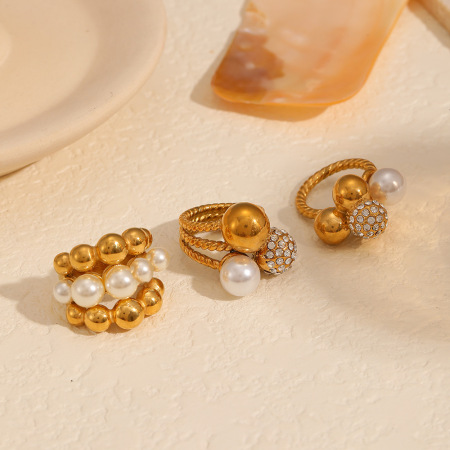 1 paire de bagues simples rétro à pois plaquées or avec perles artificielles 2