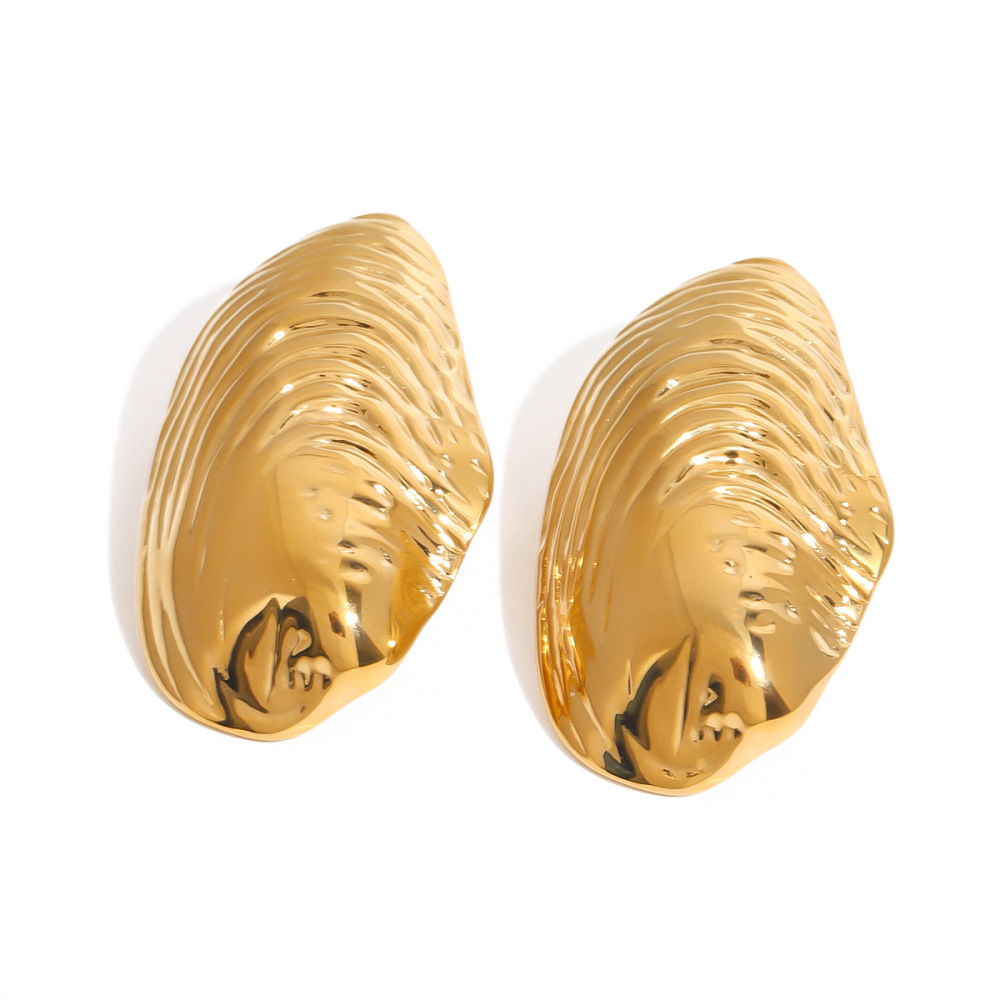Boucles D'Oreilles Puces Pour Femme, En Acier Inoxydable Doré, Forme Coquillage Naturel, Collection Classique (1 Paire). Image9