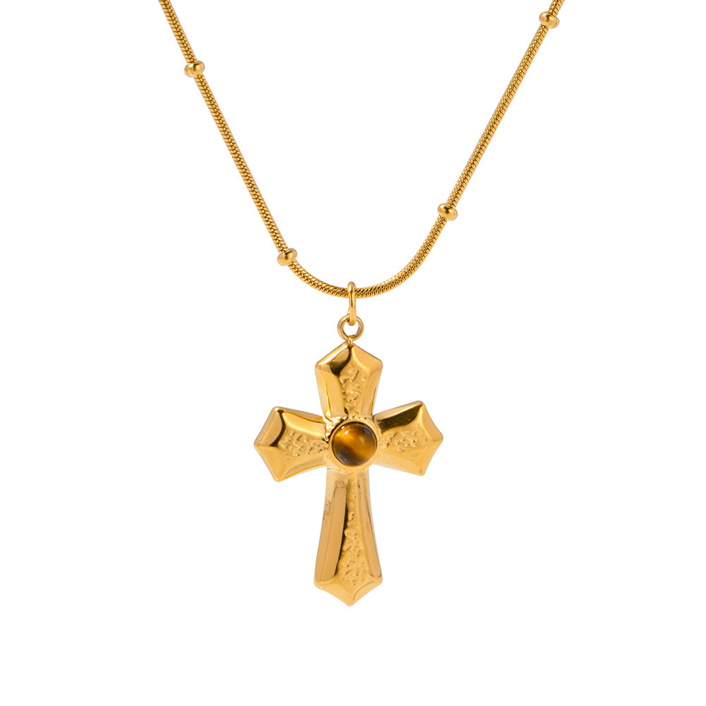Collier Avec Pendentif Croix En Acier Inoxydable Plaqué Or Et Pierre Naturelle Pour Femme, Série Simple, Style Ins Image7