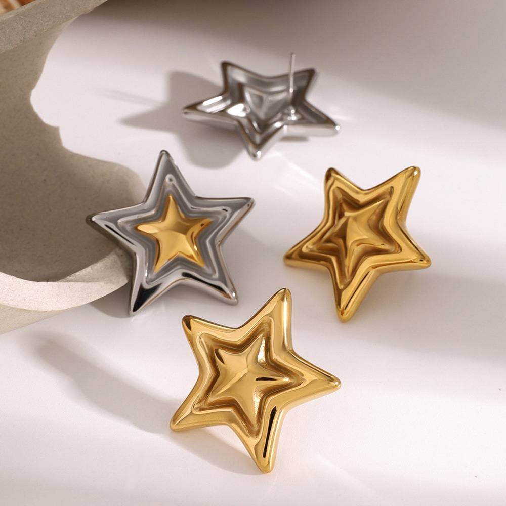 1 Paire De Boucles D'Oreilles À Tige En Acier Inoxydable Plaqué Or Pour Femme, Style Pentagramme, Série Simple h5Image3