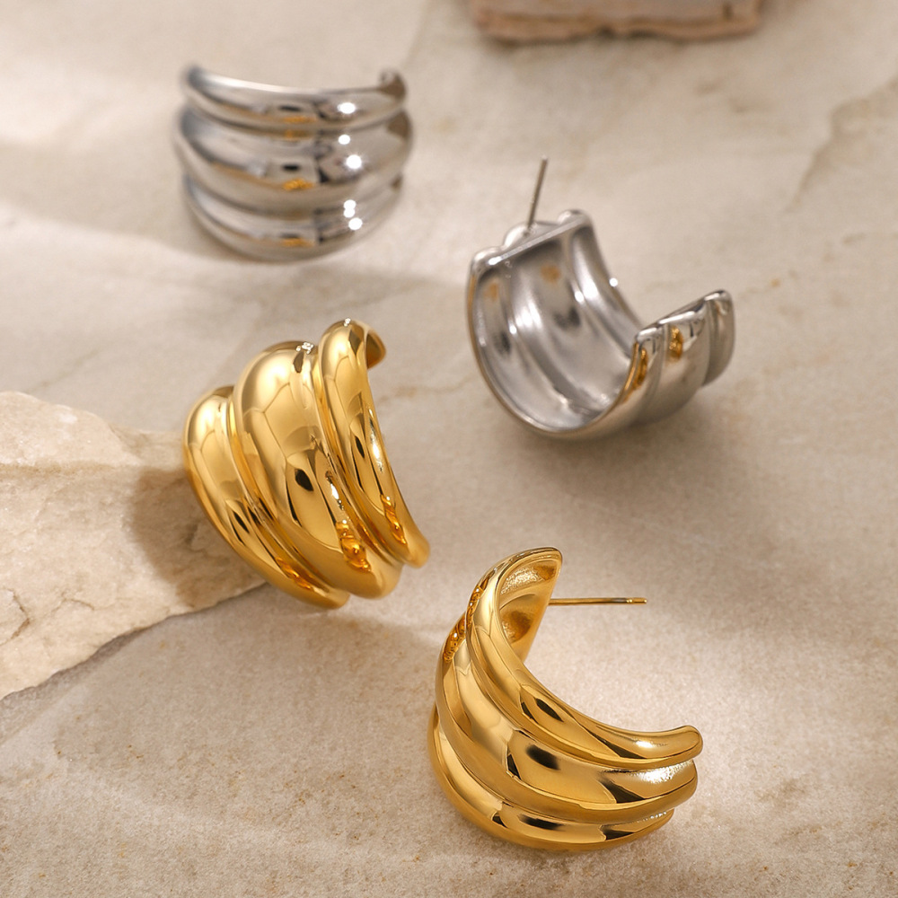 1 Paire De Boucles D'Oreilles À Tige En Acier Inoxydable Plaqué Or  Pour Femme, Style Bande Simple Image5