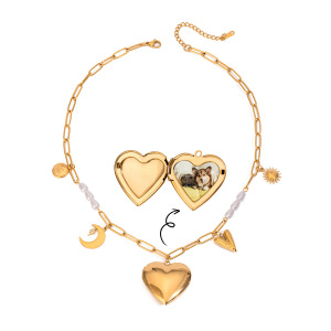Collier Pendentif Romantique Classique En Forme De Cœur Et De Lune, En Acier Inoxydable Étanche Couleur Or, À Faire Soi-Même Pour Femme (1 Pièce) h5 Image6