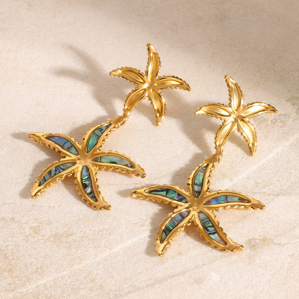 1 Paire De Boucles D'Oreilles Pendantes Pour Femme, Série Classique, Étoile De Mer , En Acier Inoxydable Plaqué Or  Image2