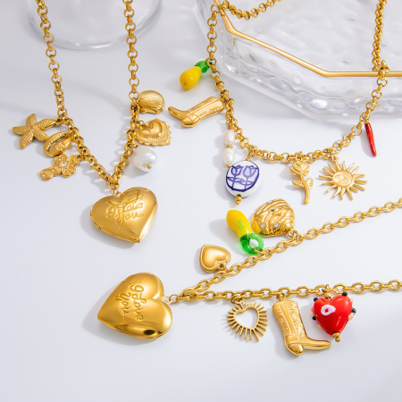 collier avec pendentif en forme de cœur en acier inoxydable plaqué or  pour femme, série romantique, 1 pièce