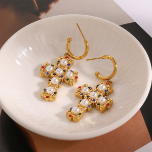1 Paire De Boucles D'Oreilles Pendantes Pour Femme, En Acier Inoxydable Doré, Couleur Or, Forme Croix Colorée Et Raffinée, Collection De Luxe h5 Image2