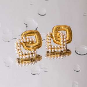 1 Paire De Boucles D'Oreilles Puces Élégantes Géométriques En Acier Inoxydable Plaqué Or Avec Perles Artificielles, Collection Classique. h5 Image3