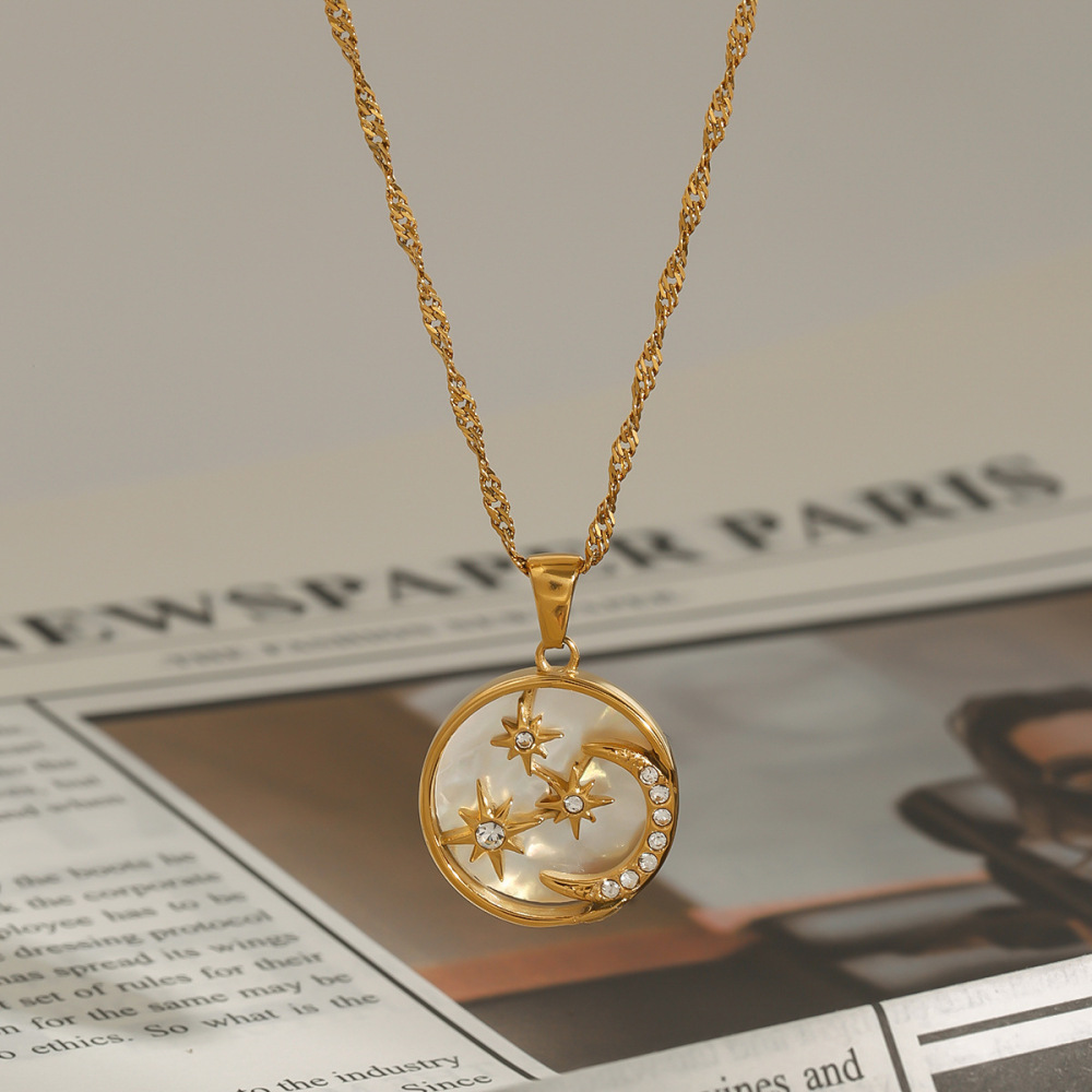 Collier Pendentif Femme De Luxe, Motif Étoile Et Lune, En Acier Inoxydable Étanche, Couleur Or (1 Pièce) Image3