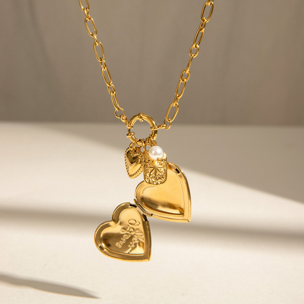 Collier Pendentif Femme Diy En Forme De Cœur, Style Classique, En Acier Inoxydable Étanche Couleur Or (1 Pièce) Image5