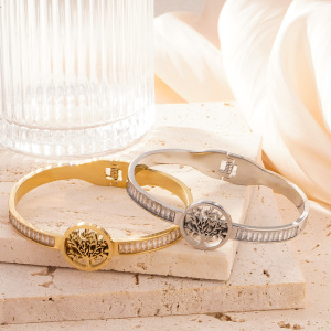 Bracelet Jonc Pour Femme, 1 Pièce, Collection Moderne, Motif Arbre Naturel, En Acier Inoxydable, Couleur Or, Étanche h5 Image3