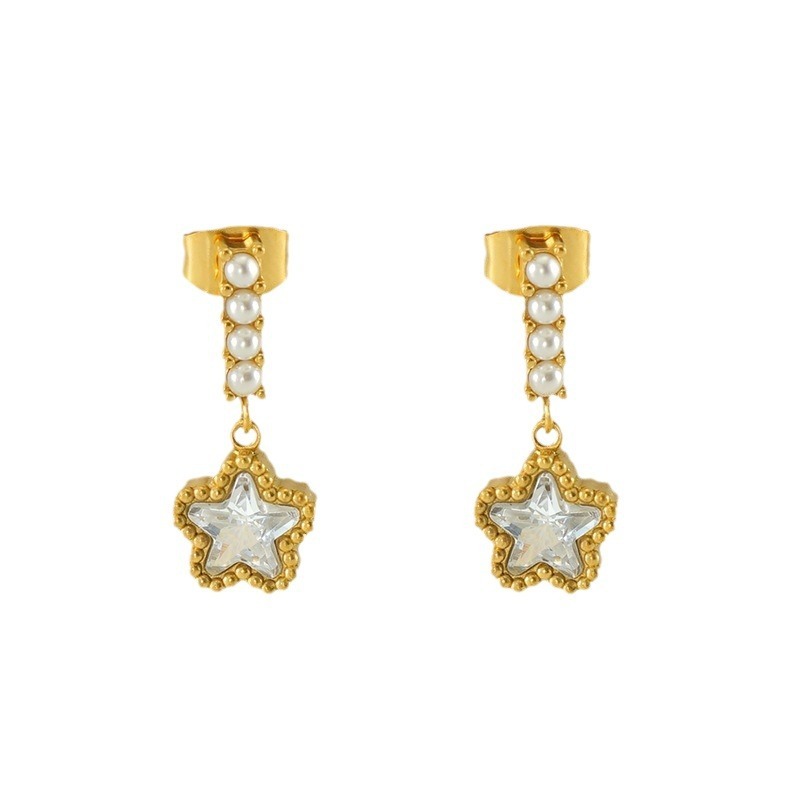 1 Paire De Boucles D'Oreilles En Perles D'Acier Inoxydable De Style Transfrontalier Pour Femmes, Boucles D'Oreilles En Étoile En Zircon Assorties, Boucles D'Oreilles Pour Femmes, Boucles D'Oreilles Pendantes Image6