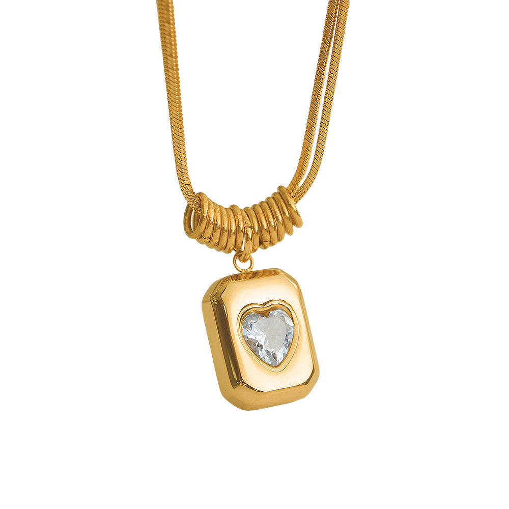 Collier Avec Pendentif En Forme De Cœur En Acier Inoxydable Plaqué Or  Et Zircon Pour Femme, Série Simple Image6