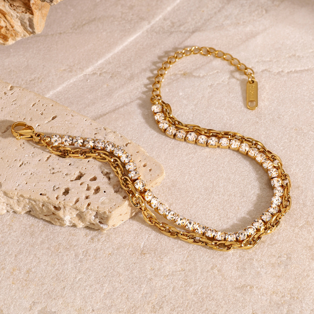 Bracelet Chaîne Simple Géométrique En Acier Inoxydable Plaqué Or Avec Strass Pour Femme, Série Luxueuse, 1 Pièce h5Image4