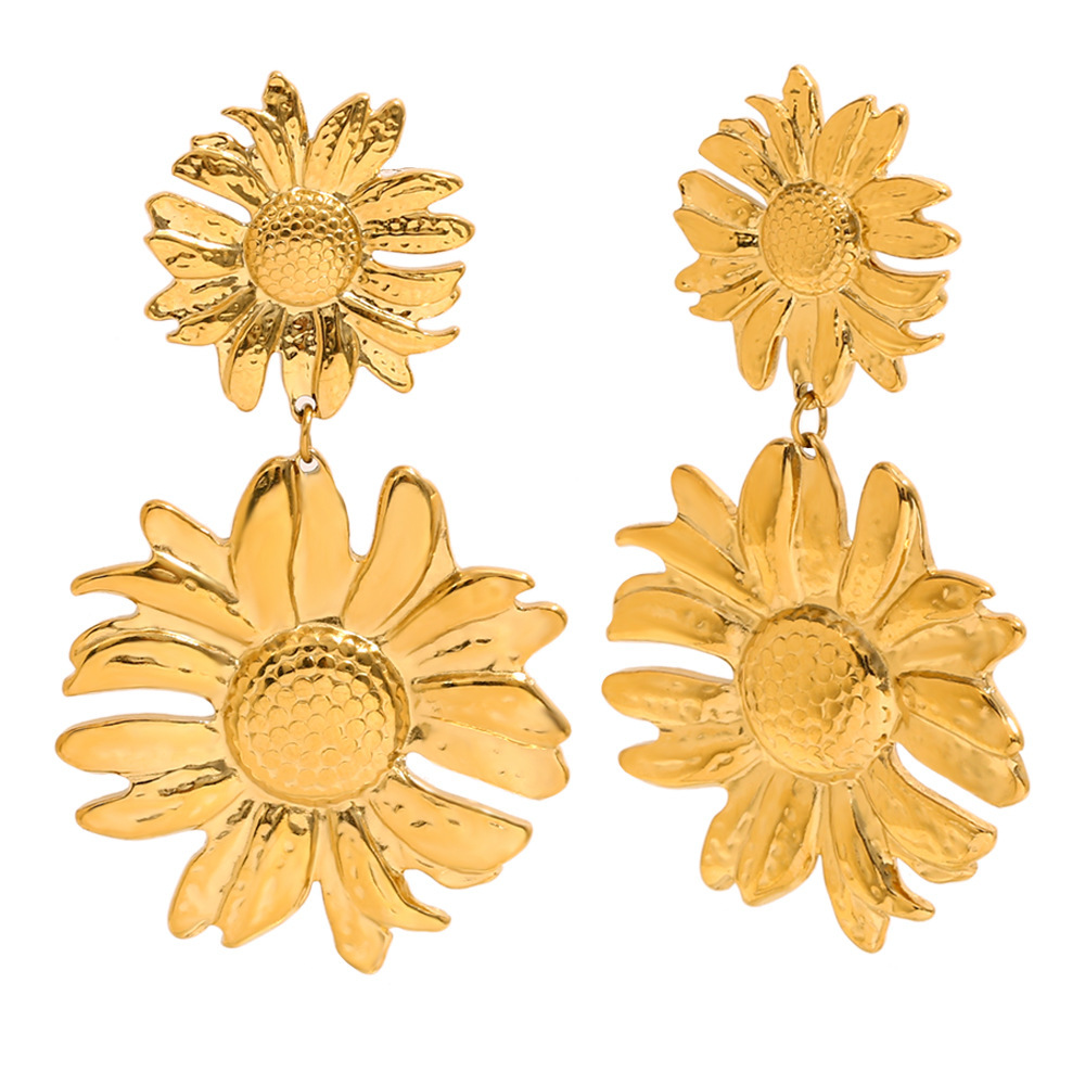 Boucles D'Oreilles Pendantes Pour Femme, En Acier Inoxydable Doré, Ornées De Fleurs Naturelles (1 Paire), Collection Luxe. Image8