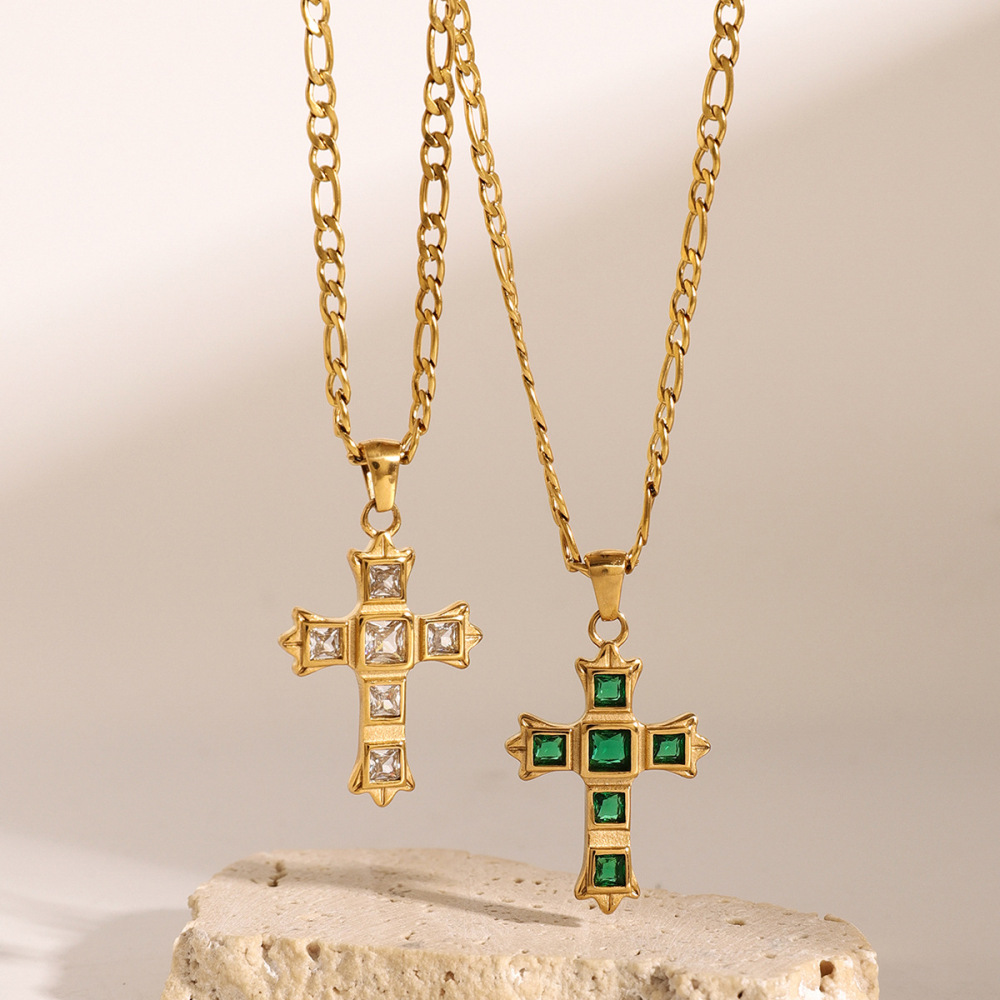 Collier Avec Pendentif Croix Classique En Acier Inoxydable Plaqué Or Et Zircon Pour Femme, Série Ethnique, 1 Pièce h5Image3