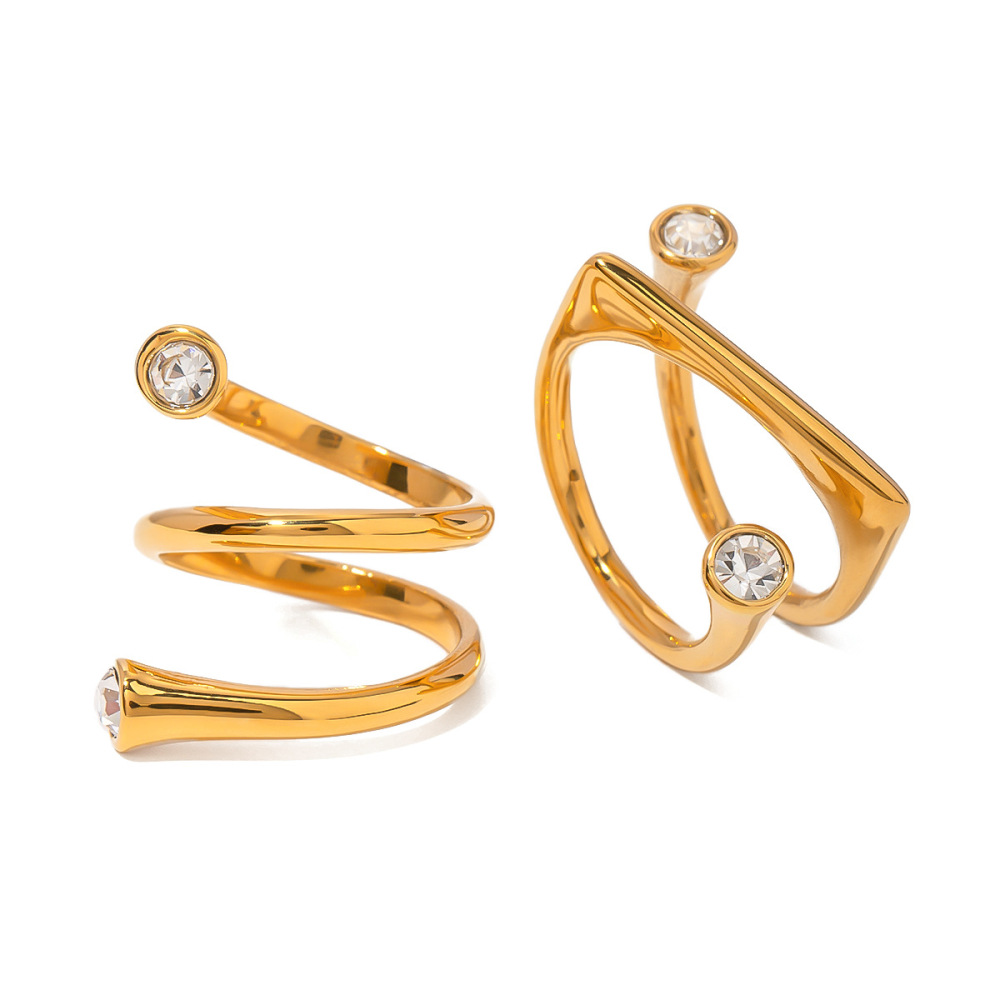 Bague Ajustable Pour Femme, En Acier Inoxydable Plaqué Or, Ornée De Strass Et De Formes Géométriques (1 Pièce). Image5