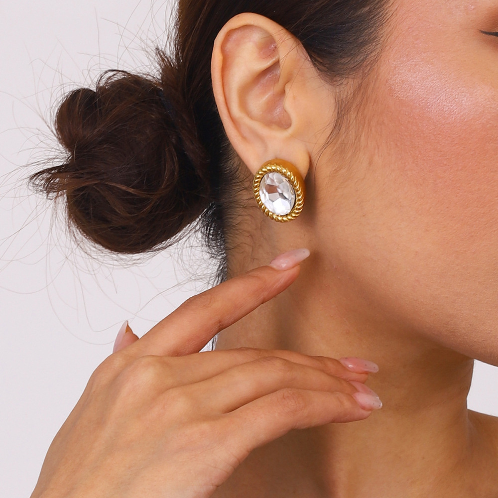 1 Paire De Boucles D'Oreilles Puces Classiques Ovales En Acier Inoxydable Étanche Couleur Or De La Collection Trendy Pour Femmes Image4