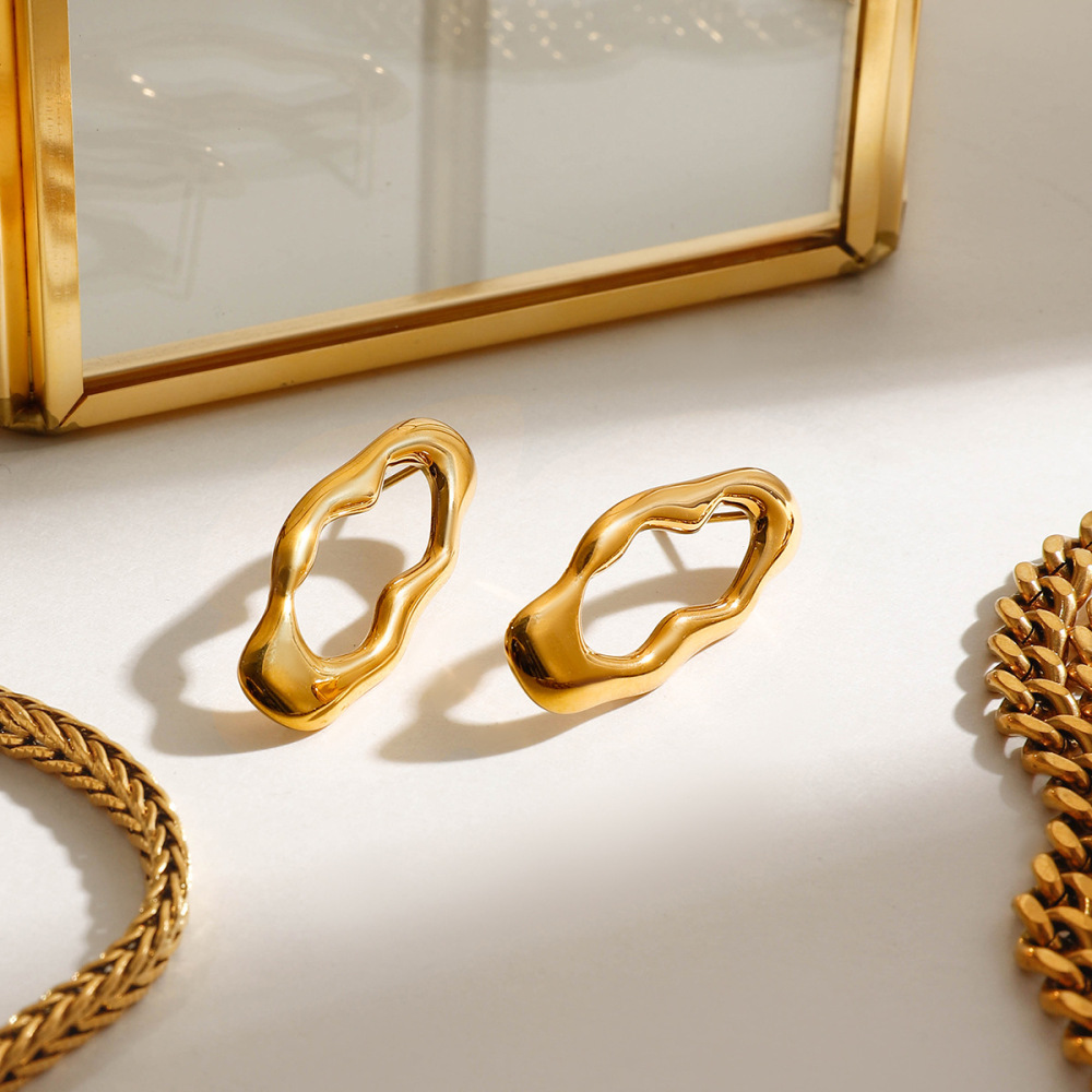 1 Paire De Boucles D'Oreilles À Tige Ovales En Acier Inoxydable Doré Pour Femme, De La Série Classic h5Image4