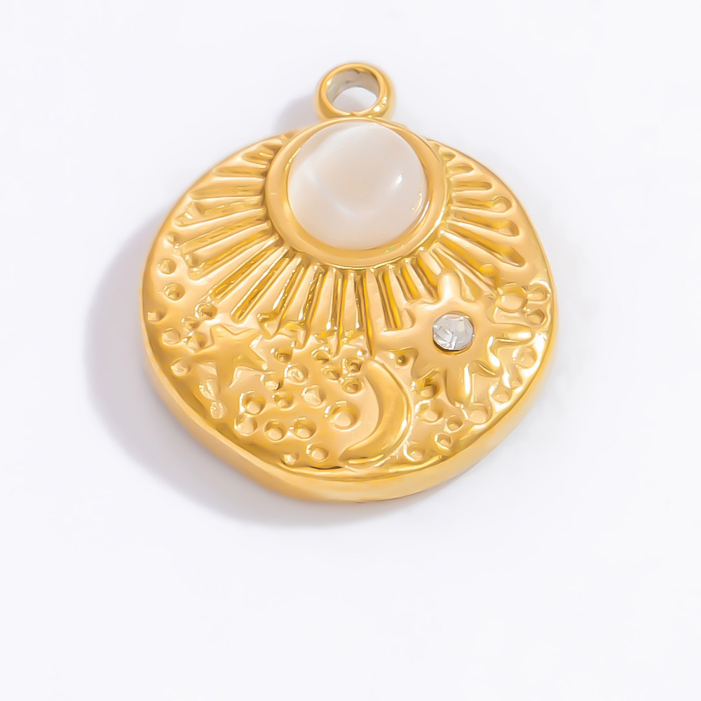 Pendentif Femme Classique En Acier Inoxydable, Couleur Or, Orné D'Une Pierre Naturelle Et D'Un Magnifique Soleil (1 Pièce) h5Image7