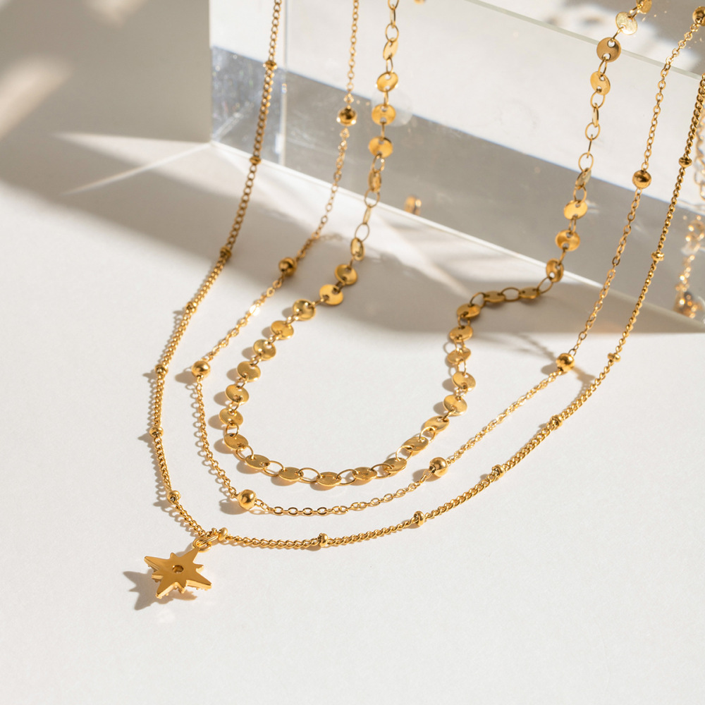 Collier Rétro Soleil/Lune En Acier Inoxydable Plaqué Or  Pour Femme, 1 Pièce, Série Classique, Avec Strass Superposés Image3