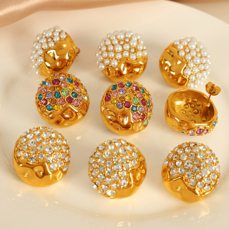 1 paire de boucles d'oreilles à tige géométriques rétro en acier inoxydable plaqué or  avec strass pour femme, série luxueuse