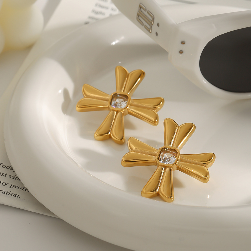 1 Paire De Boucles D'Oreilles Puces Pour Femme, En Acier Inoxydable Doré, Forme Croix, Collection Classique. Image3